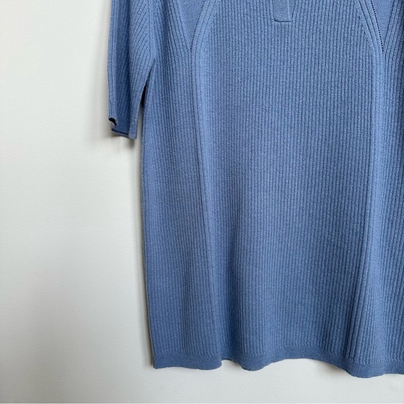 Madeleine Mode Silk + Virgin Wool Sweater Short Sleeve Dusty Blue Collared - Picture 3 of 7